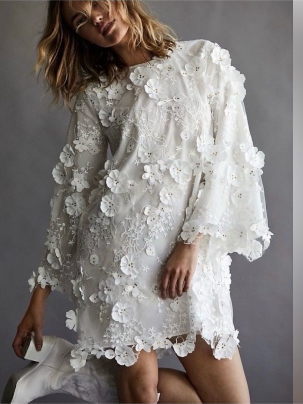 White Floral 3D Applique Mini Dress